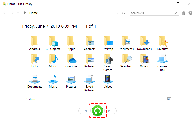 restore deleted files in windows 10 via file history