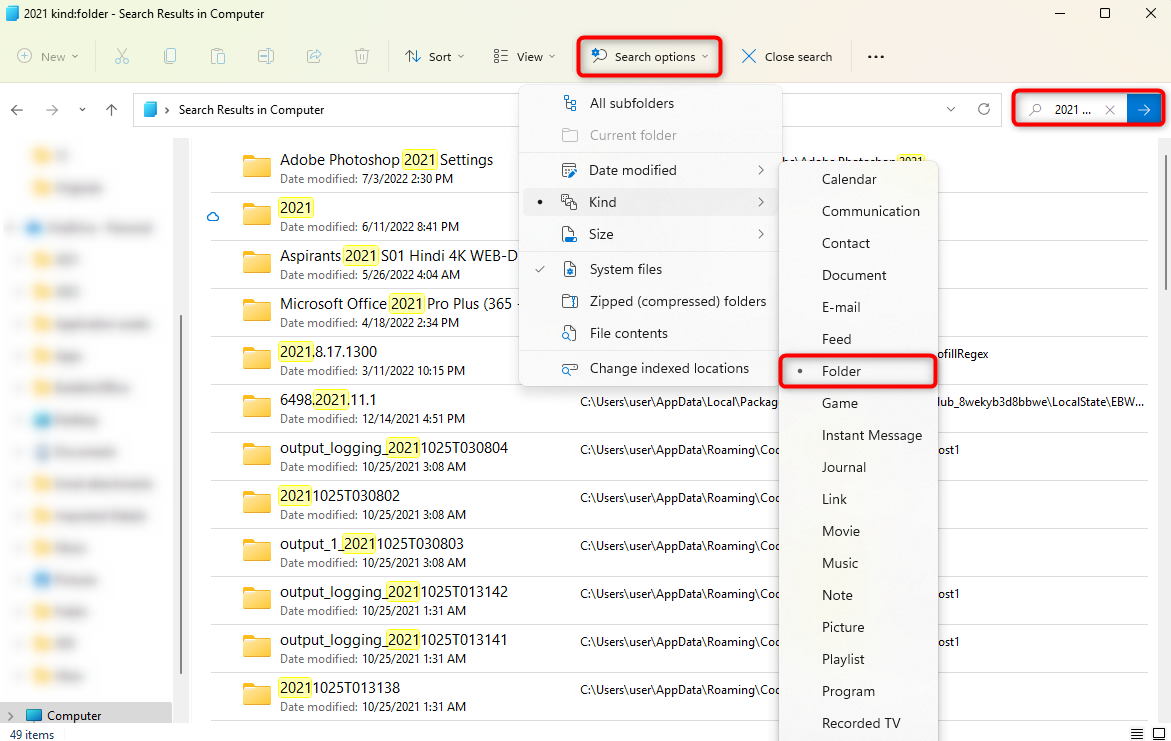 using file explorer to search deleted folders