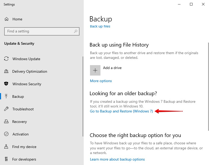 Accessing the Backup and Restore feature.