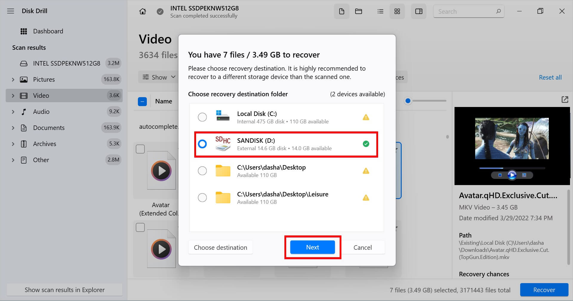 recover selected videos to new location
