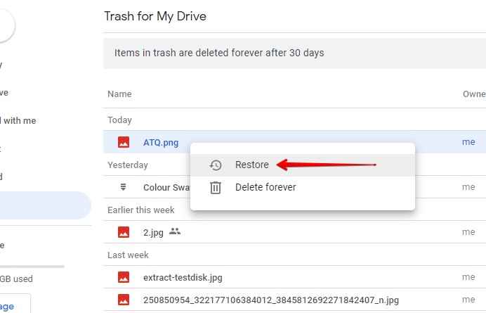 Restoring a file from Google Drive's Trash.