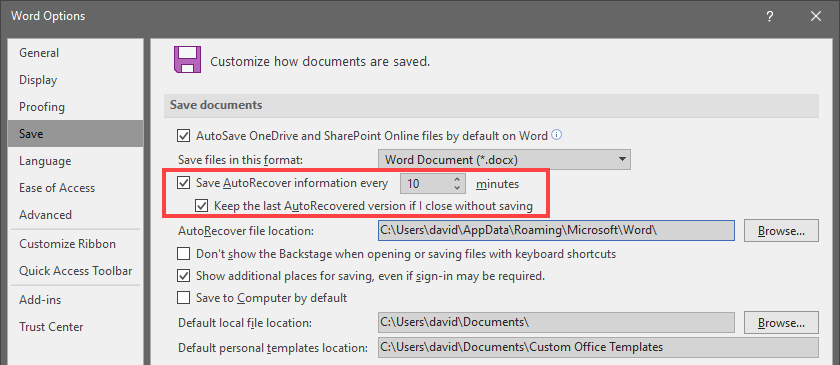 Enable AutoRecover Function in MS Word