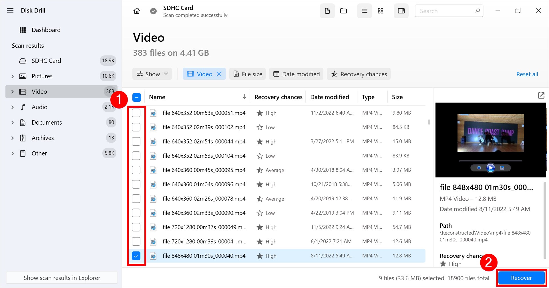 recover selected videos