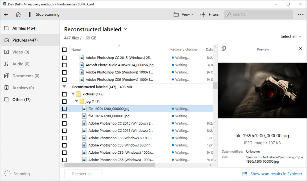 Disk Drill selecting file for recovery