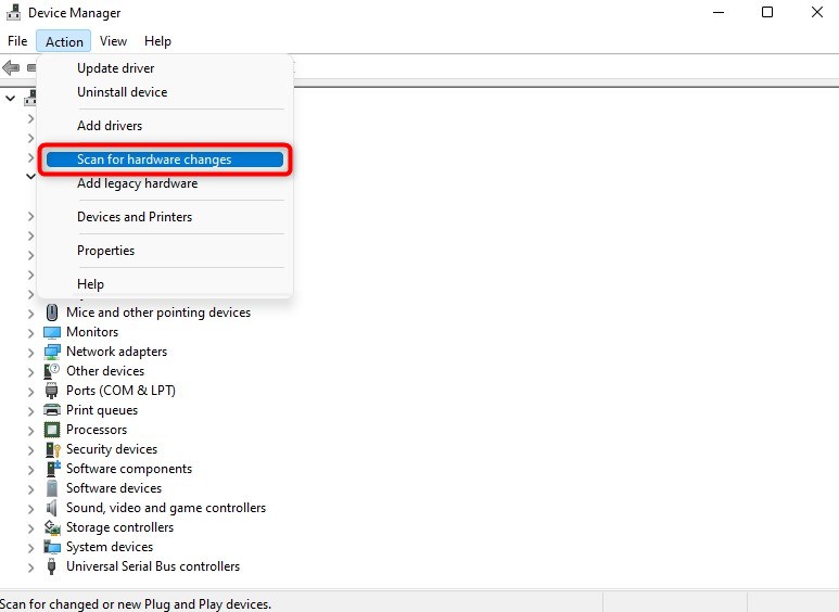 scanning for hardware changes in device manager