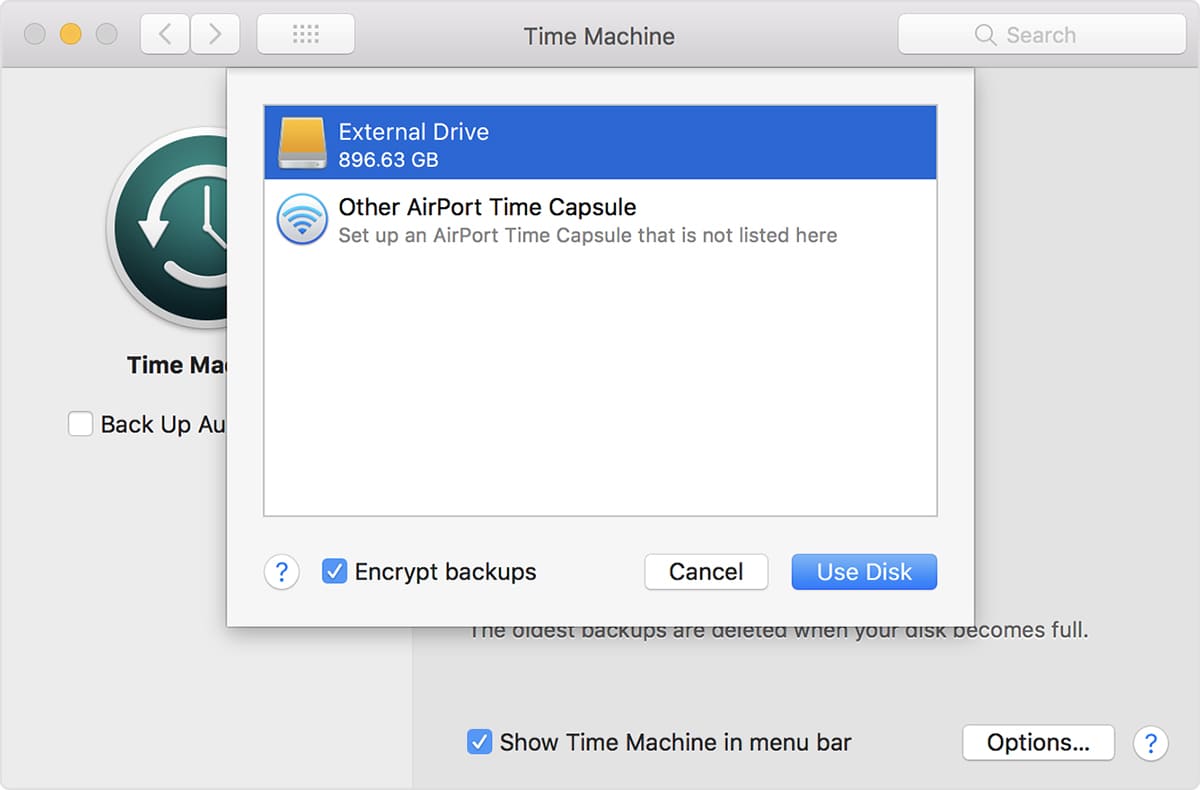 selecting a hard drive in time machine