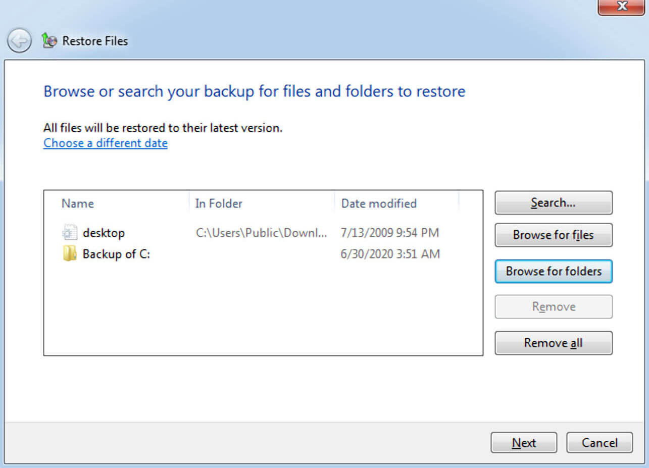 Backup and restore feature on Windows