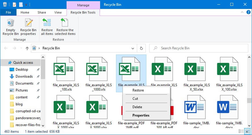 Recover Excel files from Recycle Bin