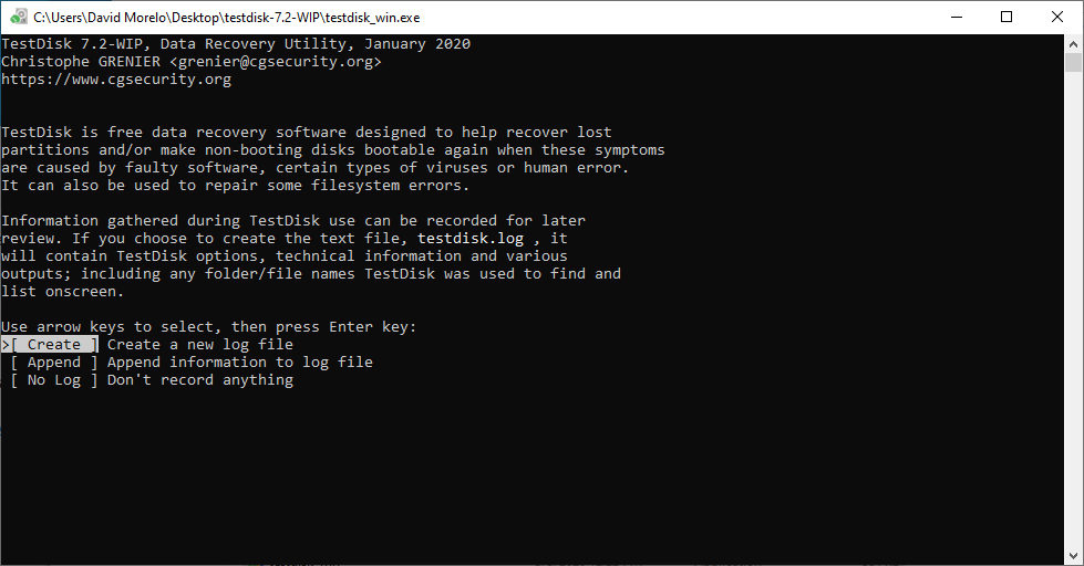 create new log file in Testdisk