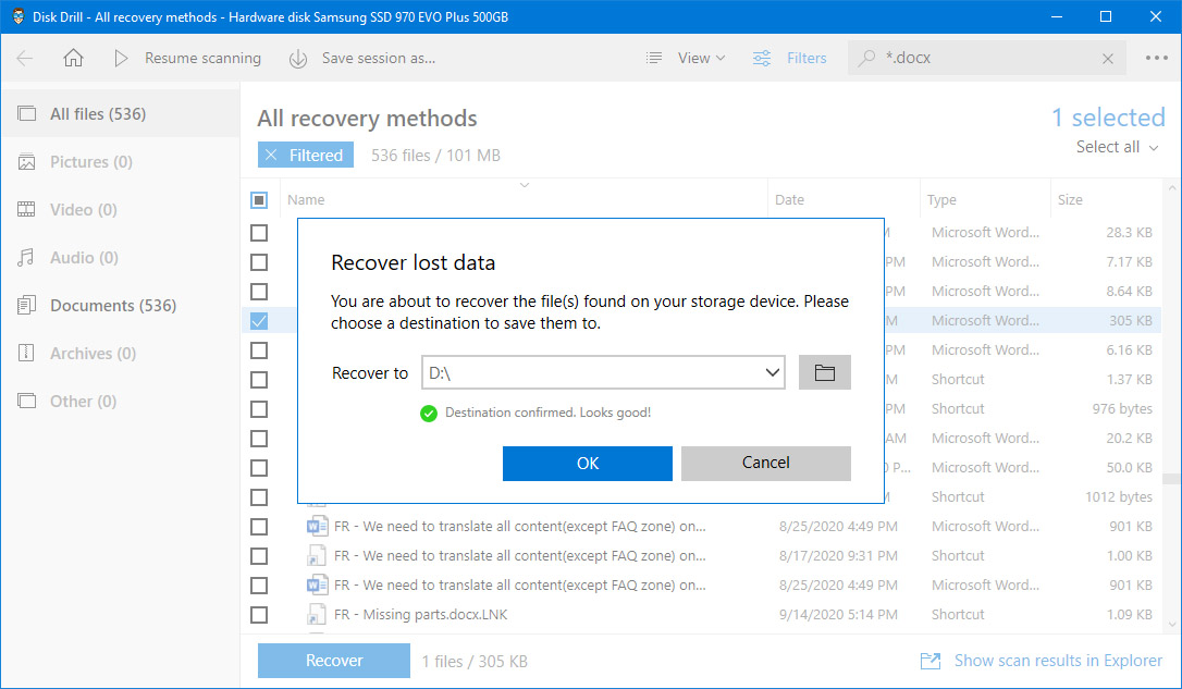 choosing folder to recover to in disk drill