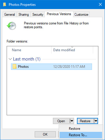 restore previous version to another folder