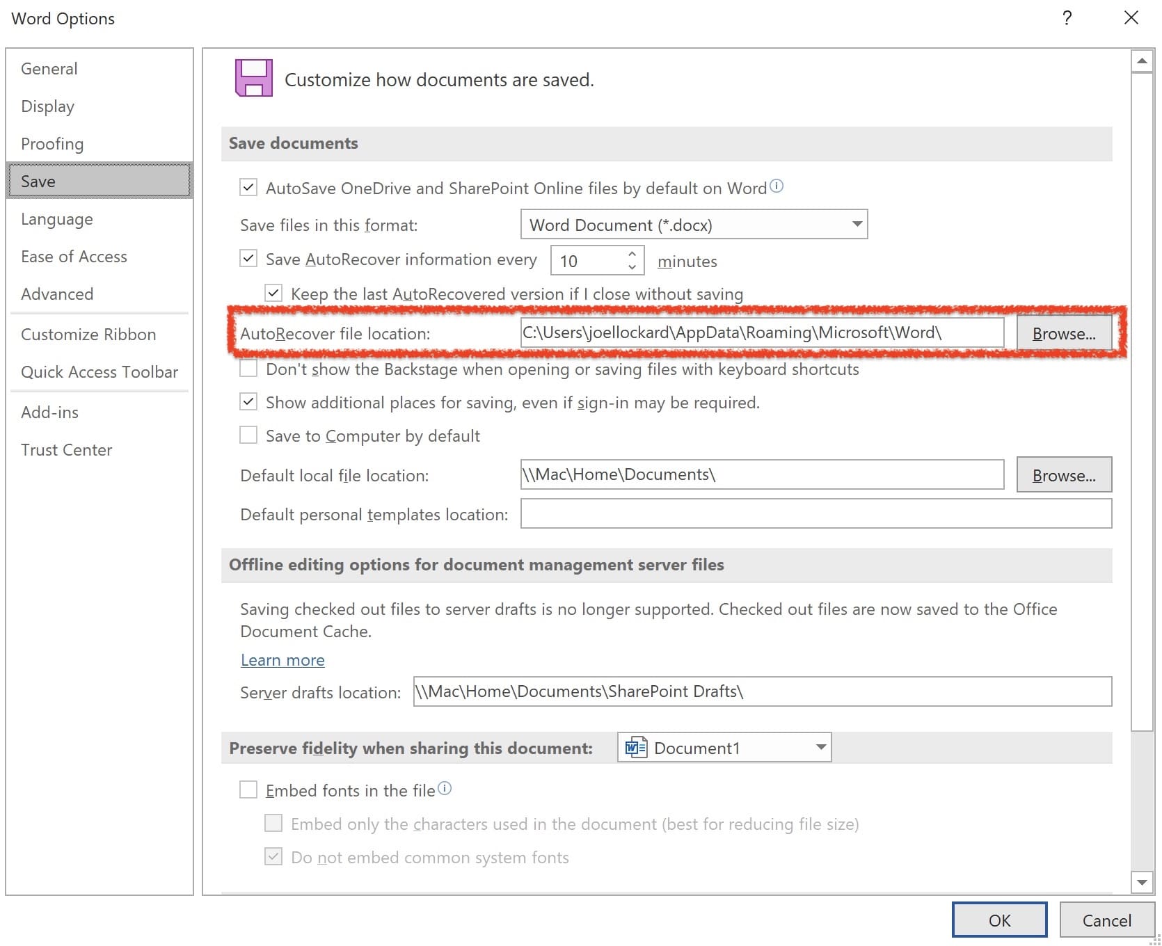 autorecover settings in word