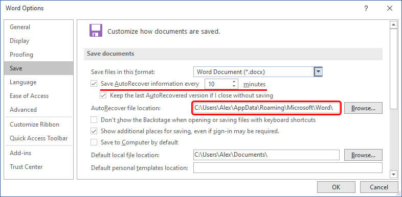 autorecover settings word