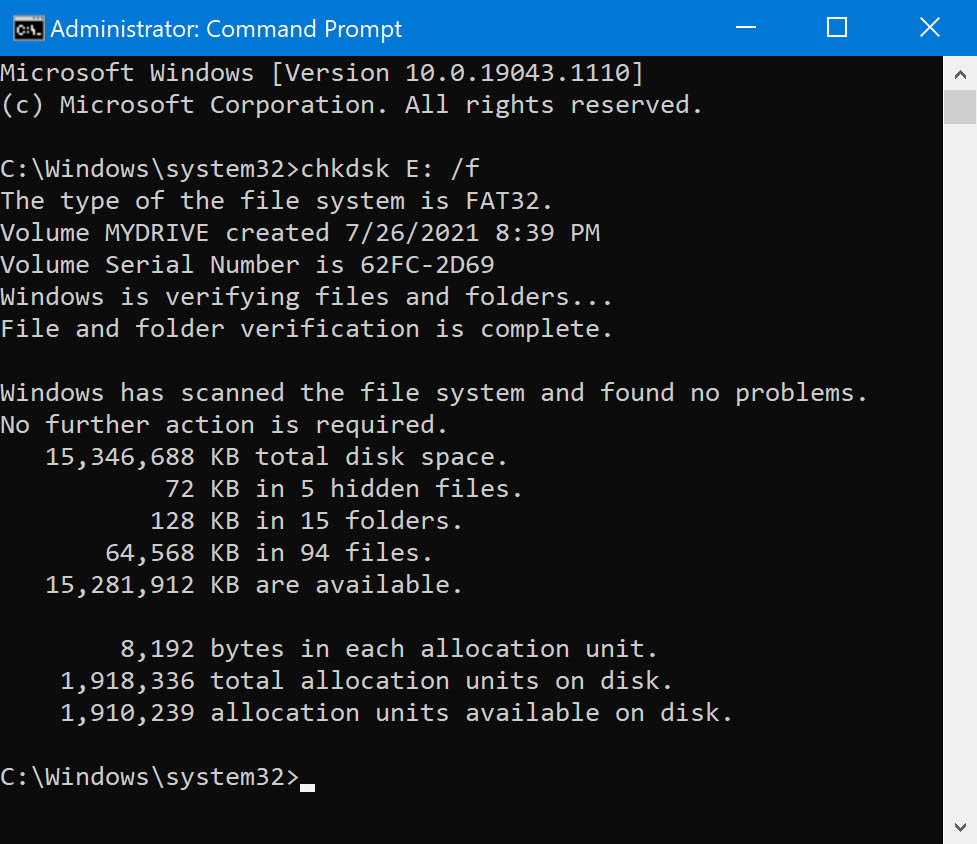 use chkdsk command in command prompt