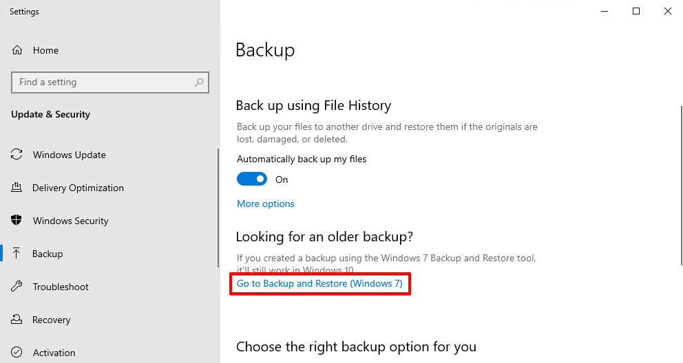 Going to the Backup and Restore settings.