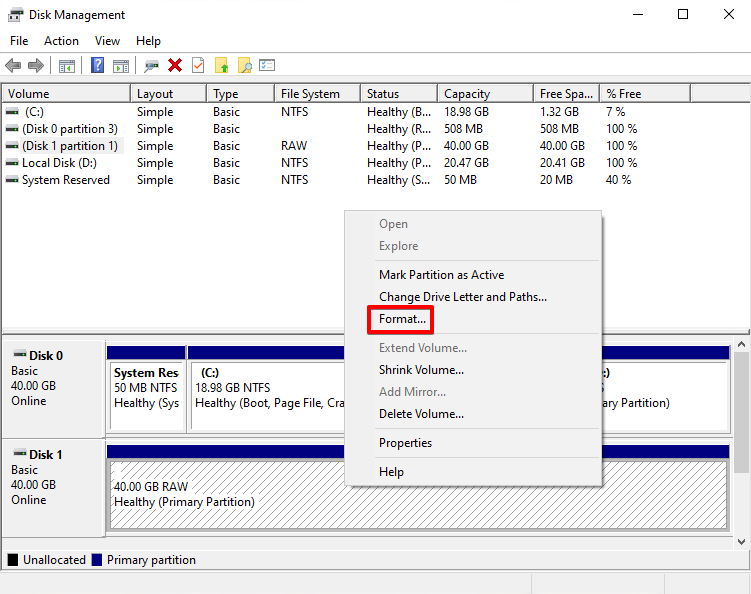 Formatting the RAW partition.