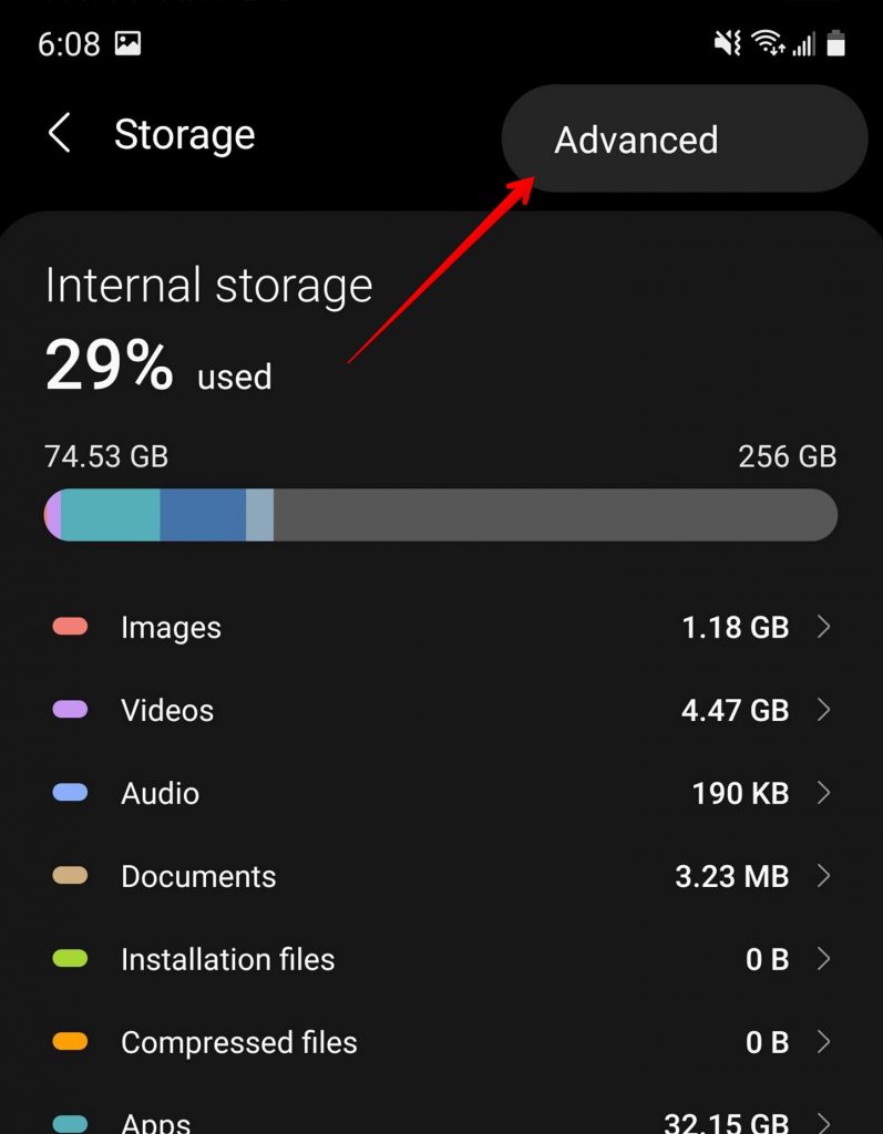 Advanced storage settings.