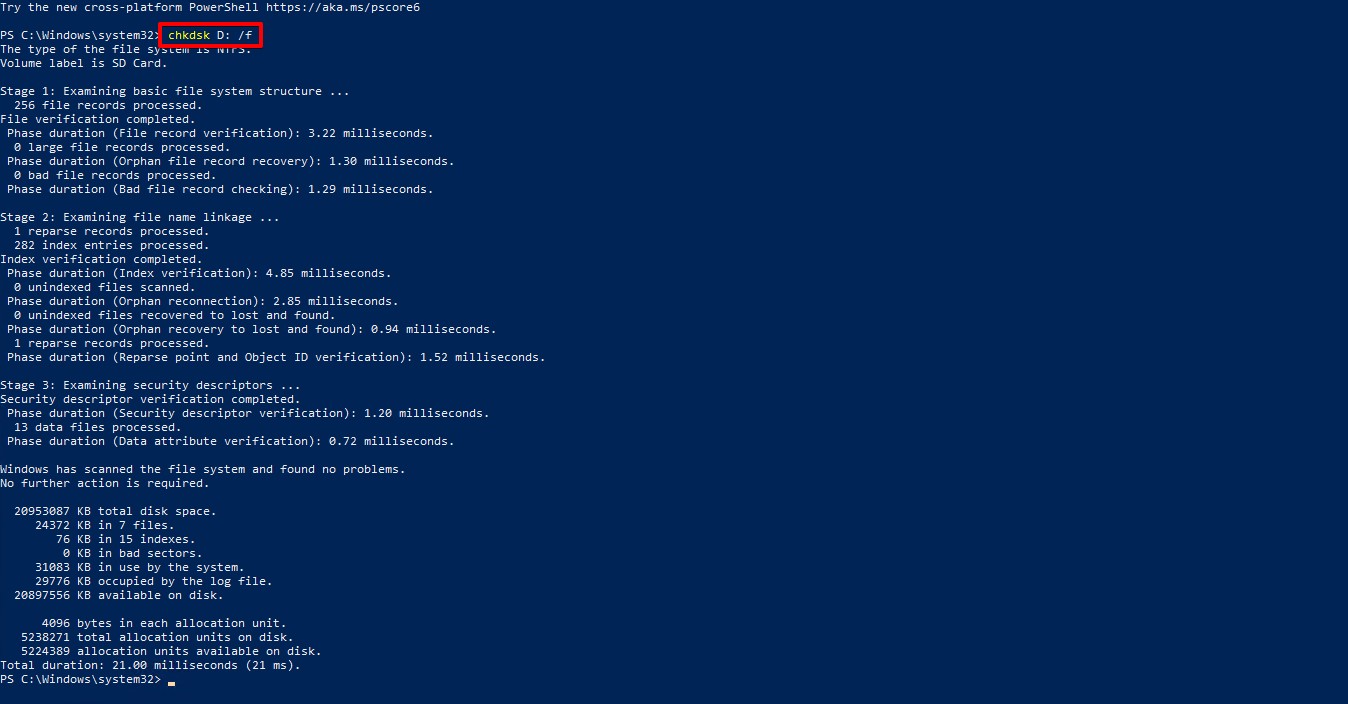 Using CHKDSK in PowerShell.