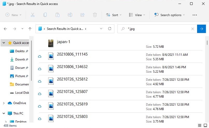 Searching by file type in Windows Explorer.