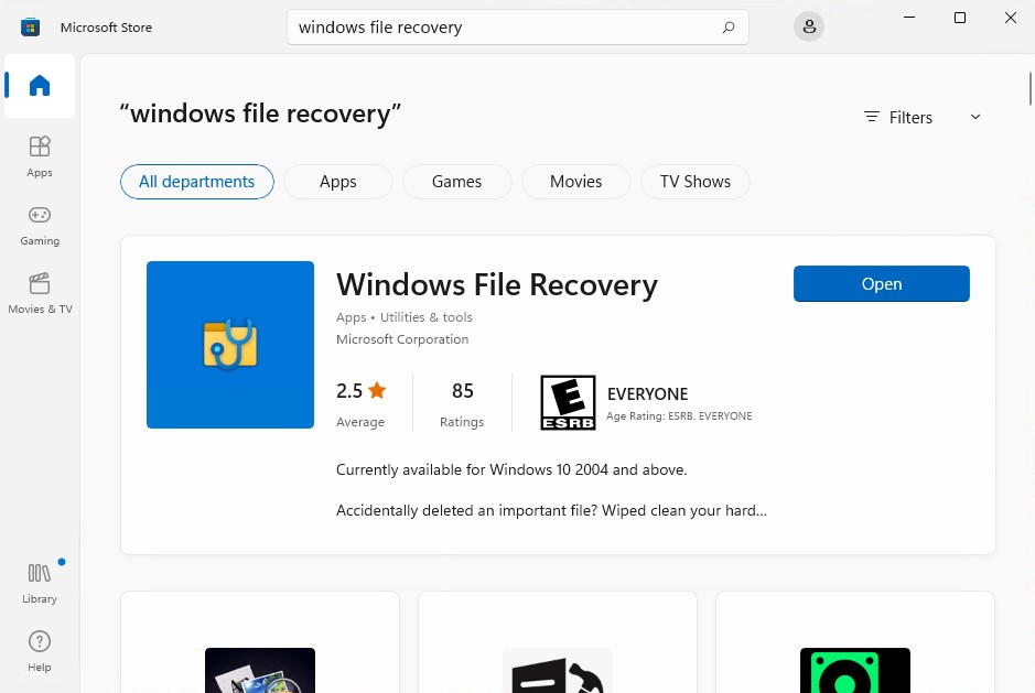 Getting Windows File Recovery from the Microsoft Store.