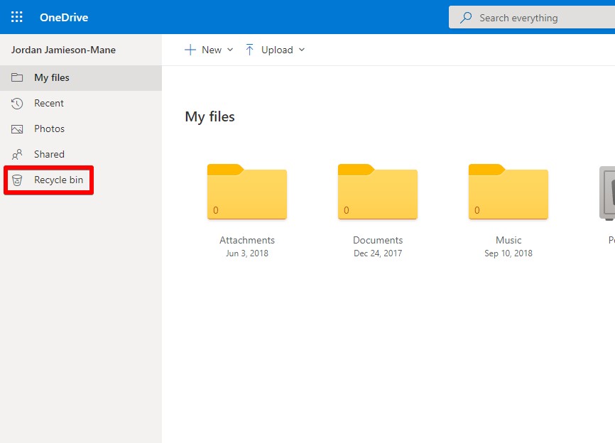 Accessing the OneDrive Recycle Bin.