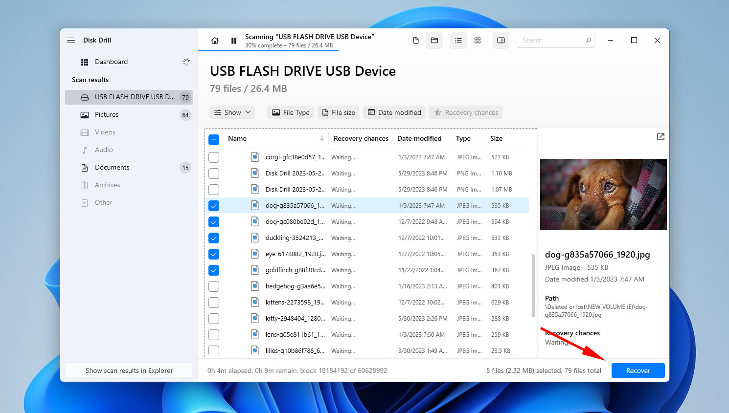 Recovering files using Disk Drill on Windows 11.