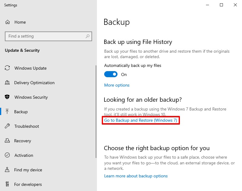Accessing Backup and Restore (Windows 7)