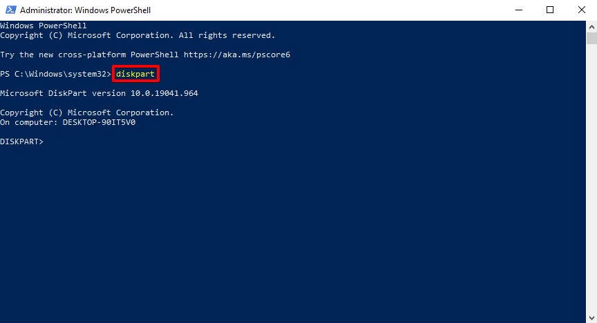 Accessing the DiskPart utility in PowerShell.