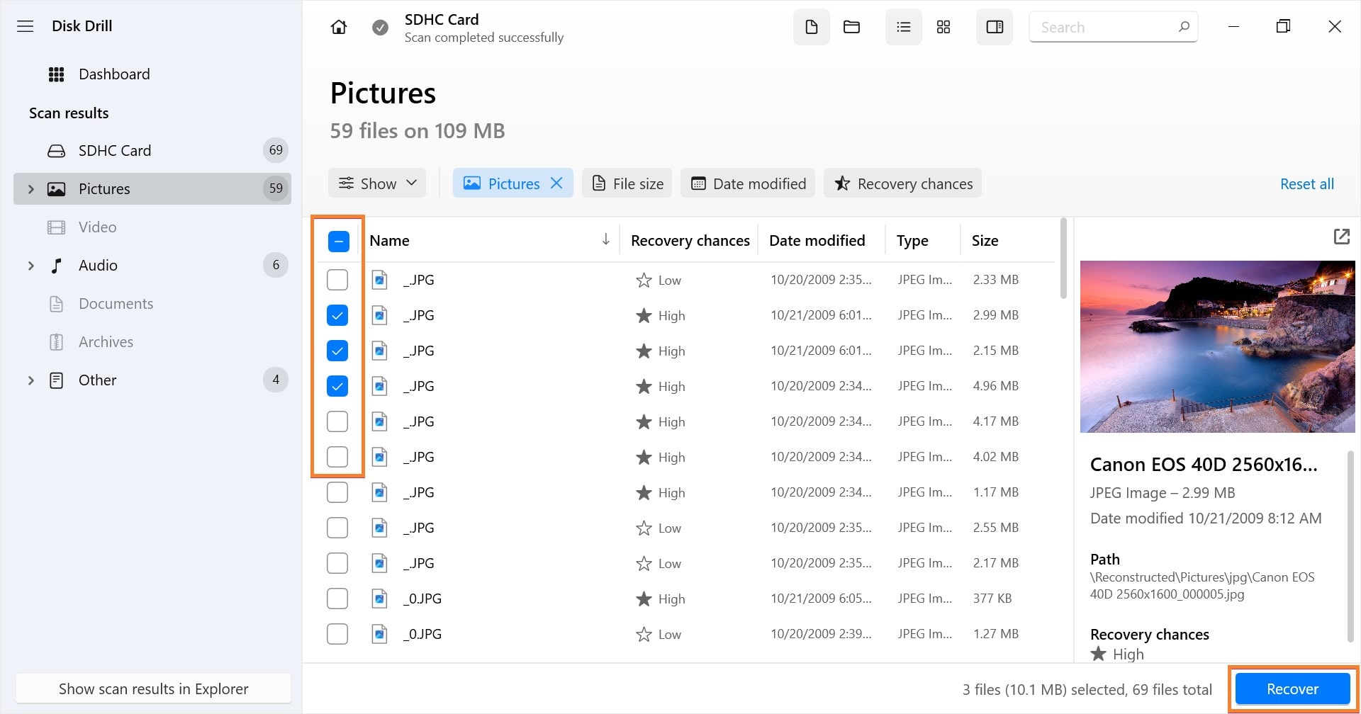 select sd card files and recover