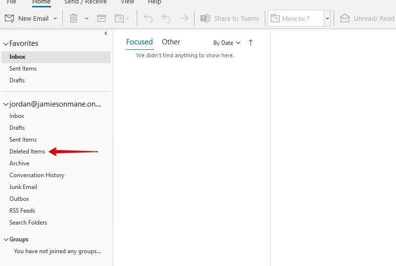 Opening the Deleted Items folder in Outlook for desktop.