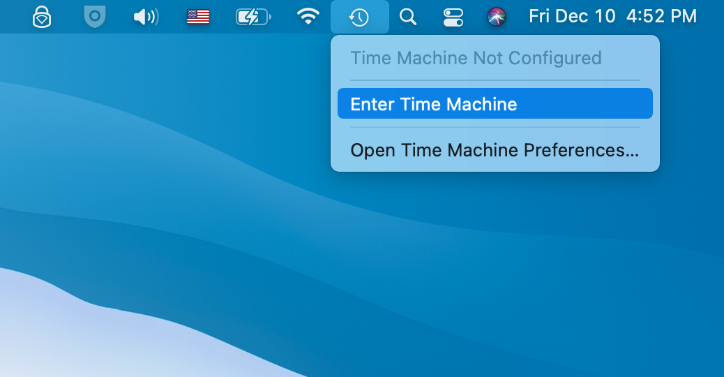 how to launch Time Machine from top menu on Mac