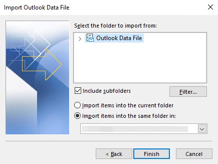 Completing the Outlook restore.