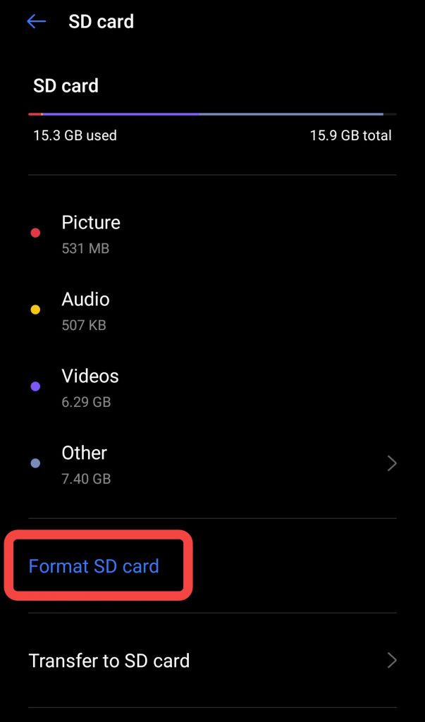 clicking on the format sd card option