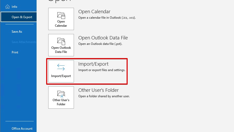 Accessing the Import/Export settings.