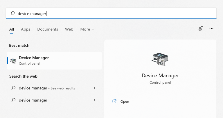 searching for device manager in start menu