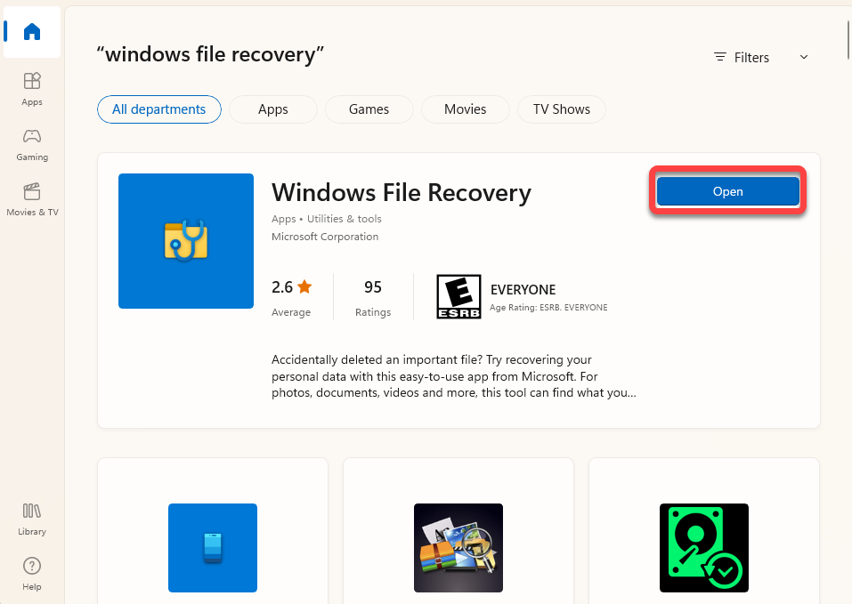 opening windows file recovery