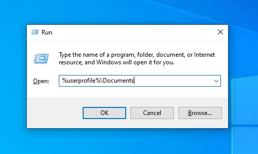 Opening the Documents folder using Run.