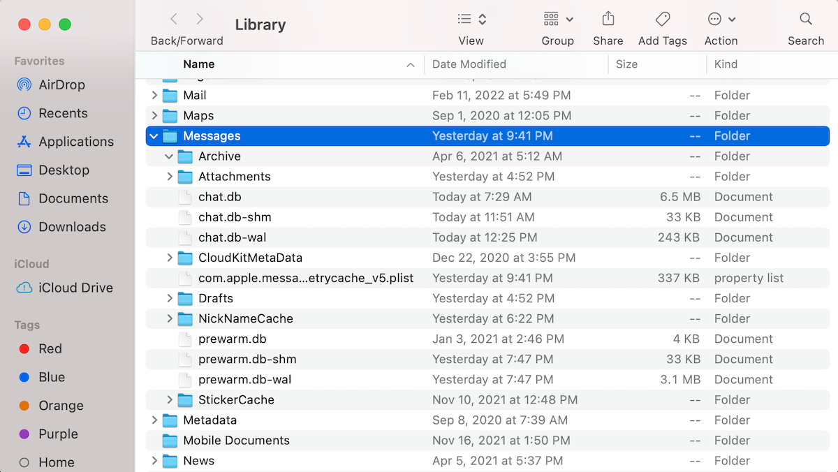messages folder in library on mac