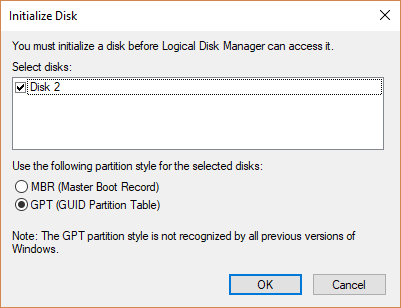 select partition style to initialize disk
