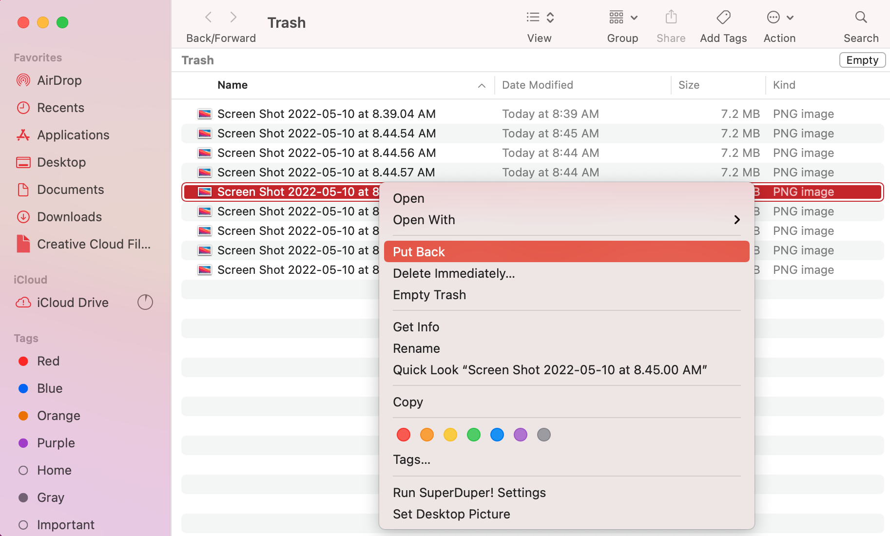 recover screenshot from trash on mac