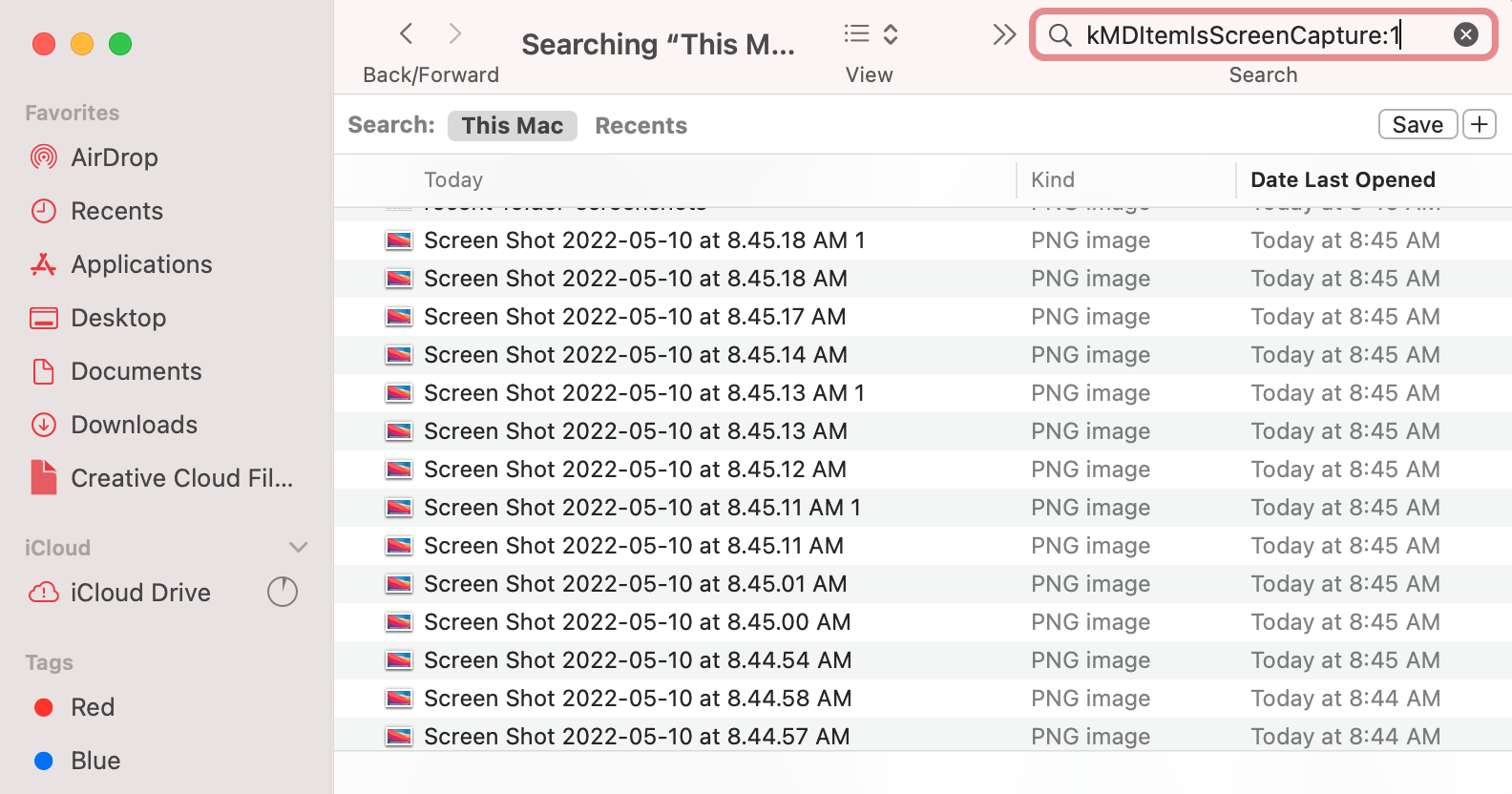 use finder to view all screenshots on mac