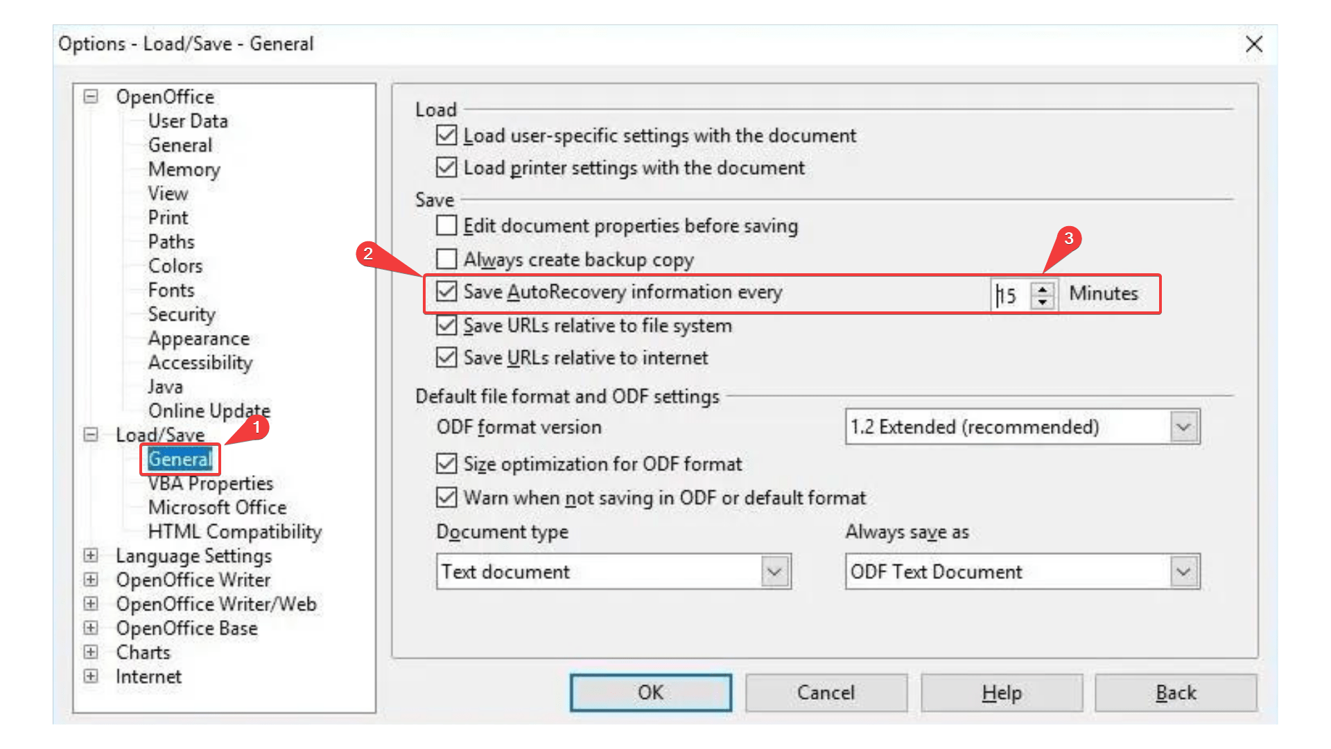tweaking the autorecover settings in open office