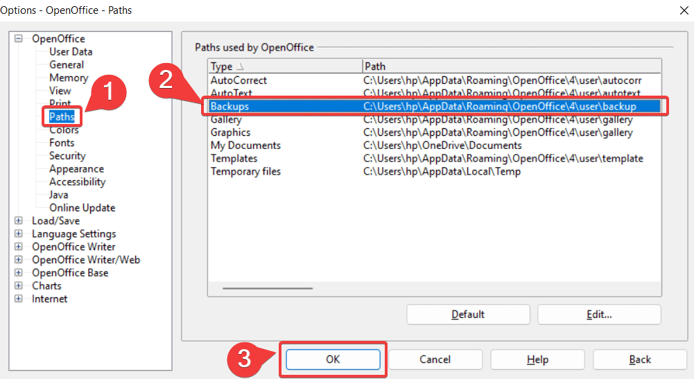 accessing paths in open office