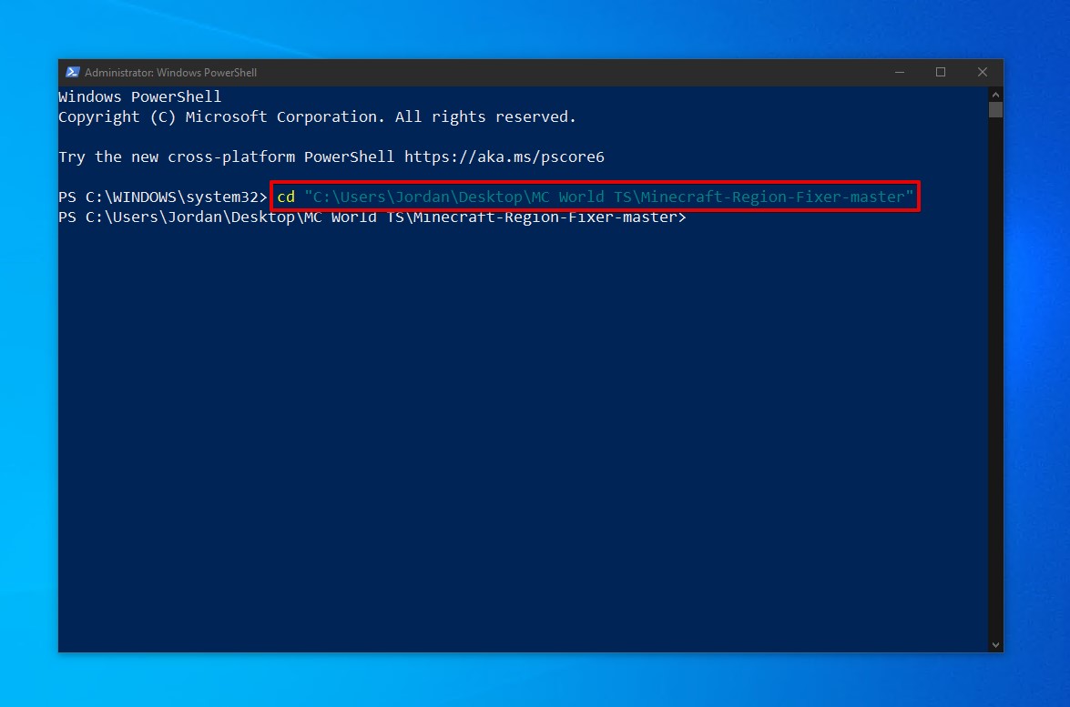 Changing the directory in PowerShell.