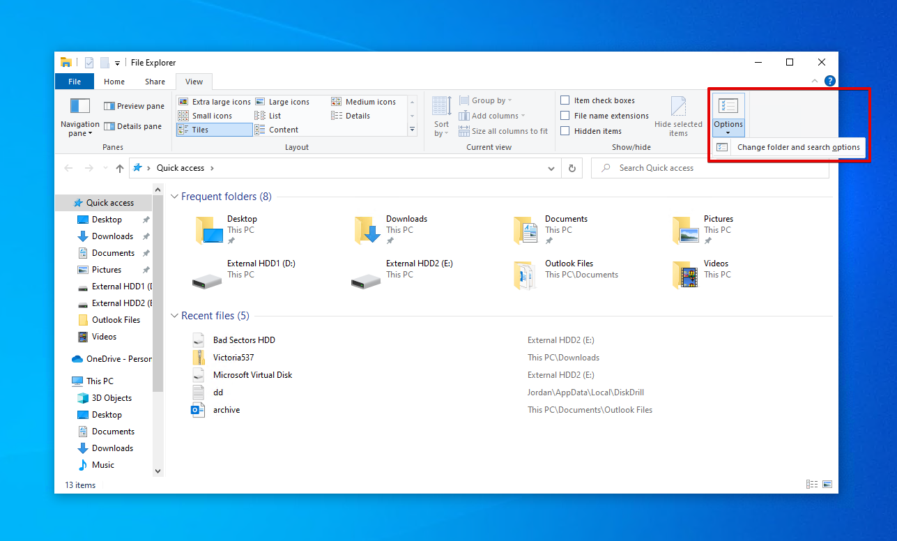 Opening folder and search options in File Explorer.