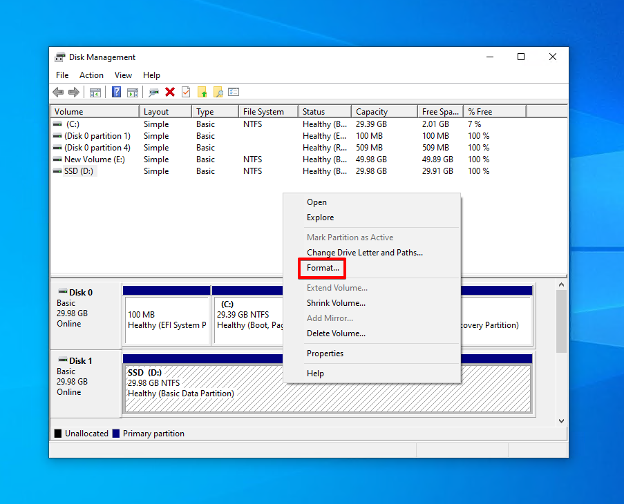 Formatting the solid-state drive's volume.