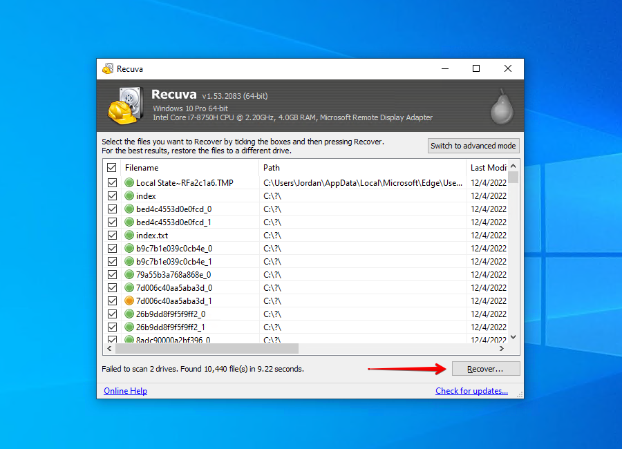 Recovering data with Recuva.