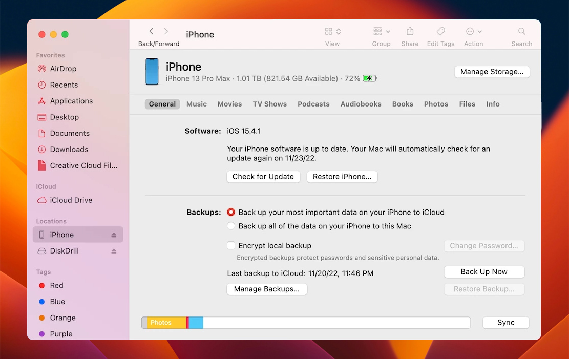 återställ backup i finder iphone mac