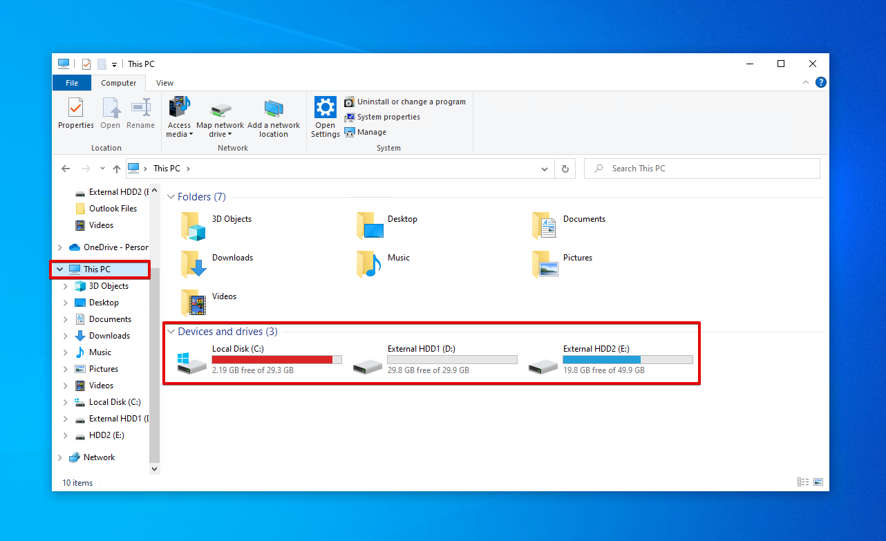 Opening the external hard drive using File Explorer.