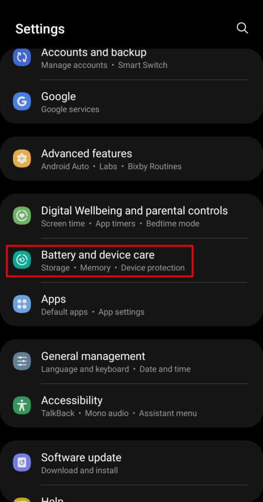 Accessing Battery and Device Care.